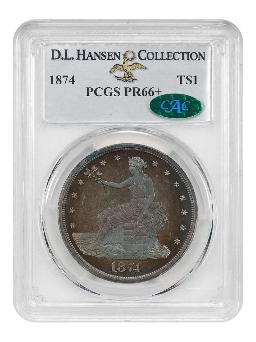 PR66+ PCGS/ CAC Trade 1874 EX D.L. HANSEN: PR66+ PCGS/ CAC Trade 1874 EX D.L. HANSEN PR66+ PCGS/ CAC Trade 1874 EX D.L. HANSEN features an exceptionally high grade, showcasing its outstanding condition and rarity from the Philadelphia mint in 