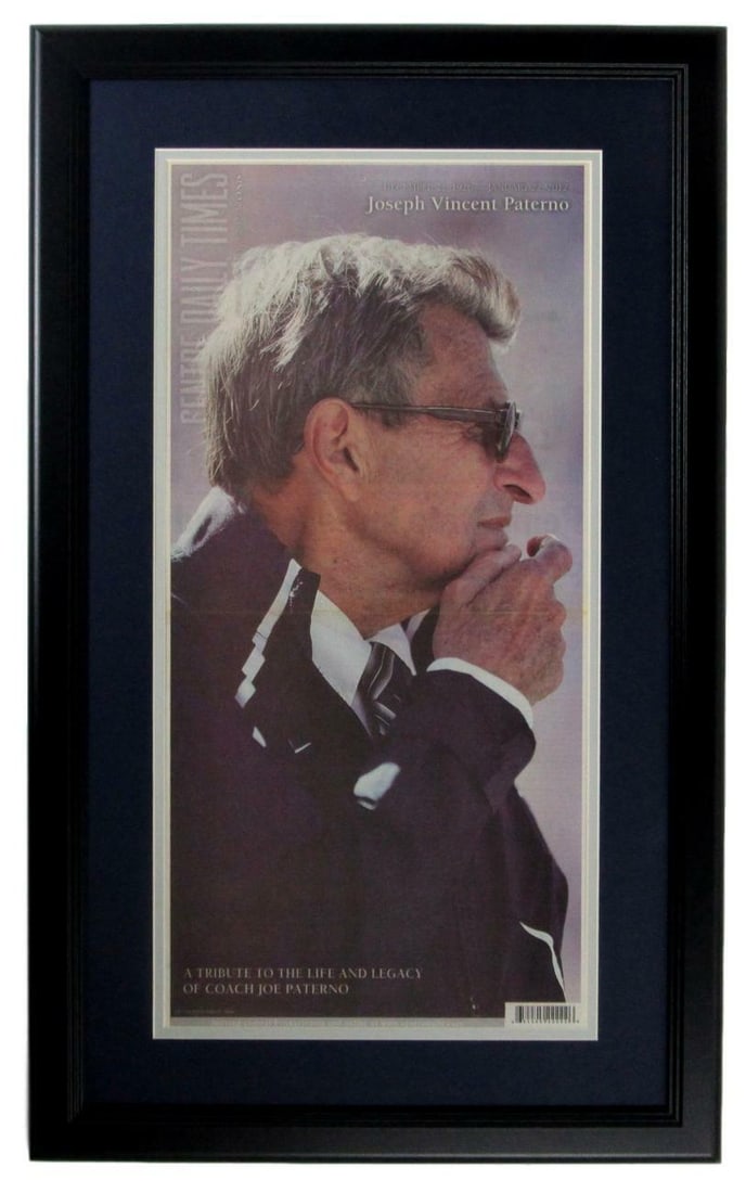 Daily Centre Newspaper Cover Paterno Tribute Joe 2012: Daily Centre Newspaper Cover Paterno Tribute Joe 2012 The Daily Centre newspaper cover from Joe Paterno's tribute in 2012 features a striking image of the legendary Penn State Nittany Lions coach. Thi