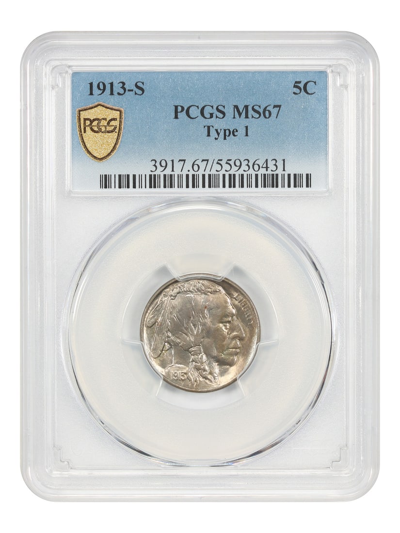 1913-S 5C PCGS MS67 (Type 1) - Buffalo Nickel: 1913-S 5C PCGS MS67 (Type 1) - Buffalo Nickel The 1913-S Buffalo Nickel, graded MS67 by PCGS, boasts exceptional mint state condition with its Type 1 design. This rare coin features the iconic buffalo