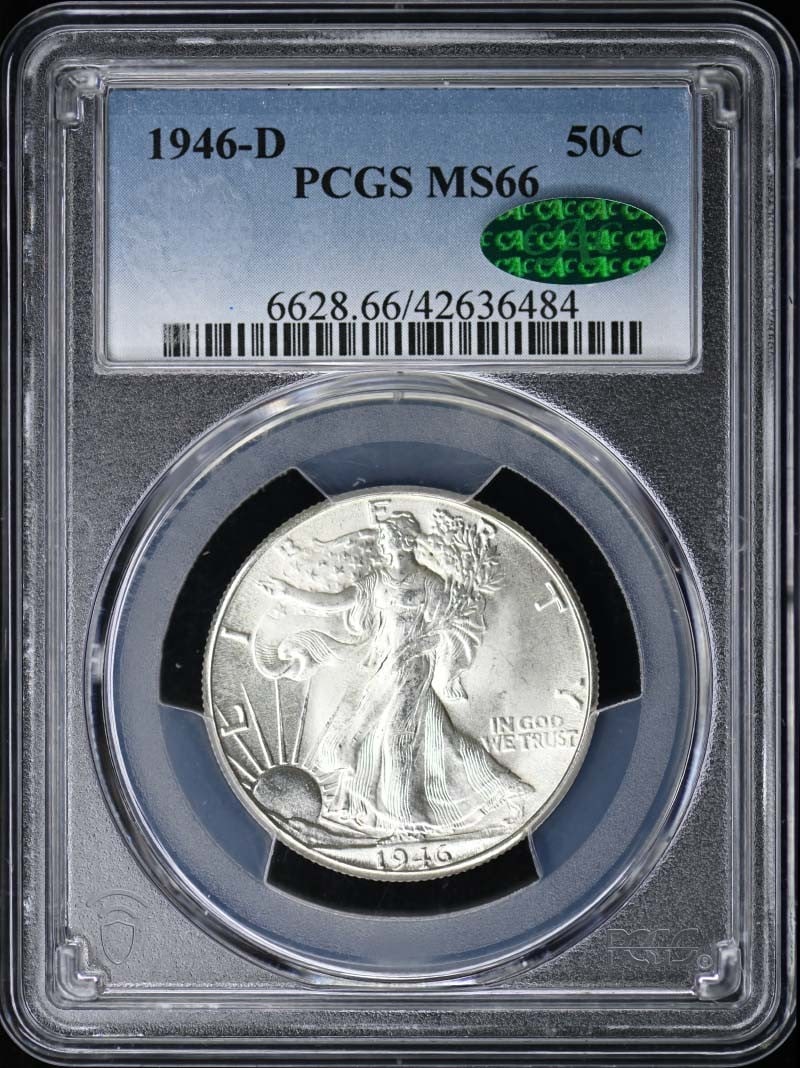 1946-D 50C Walking Liberty Half Dollar PCGS MS66 (CAC): 1946-D 50C Walking Liberty Half Dollar PCGS MS66 (CAC) The 1946-D Walking Liberty Half Dollar, graded MS66 by PCGS, boasts exceptional detail and luster, showcasing the iconic design of Frank Gasparro