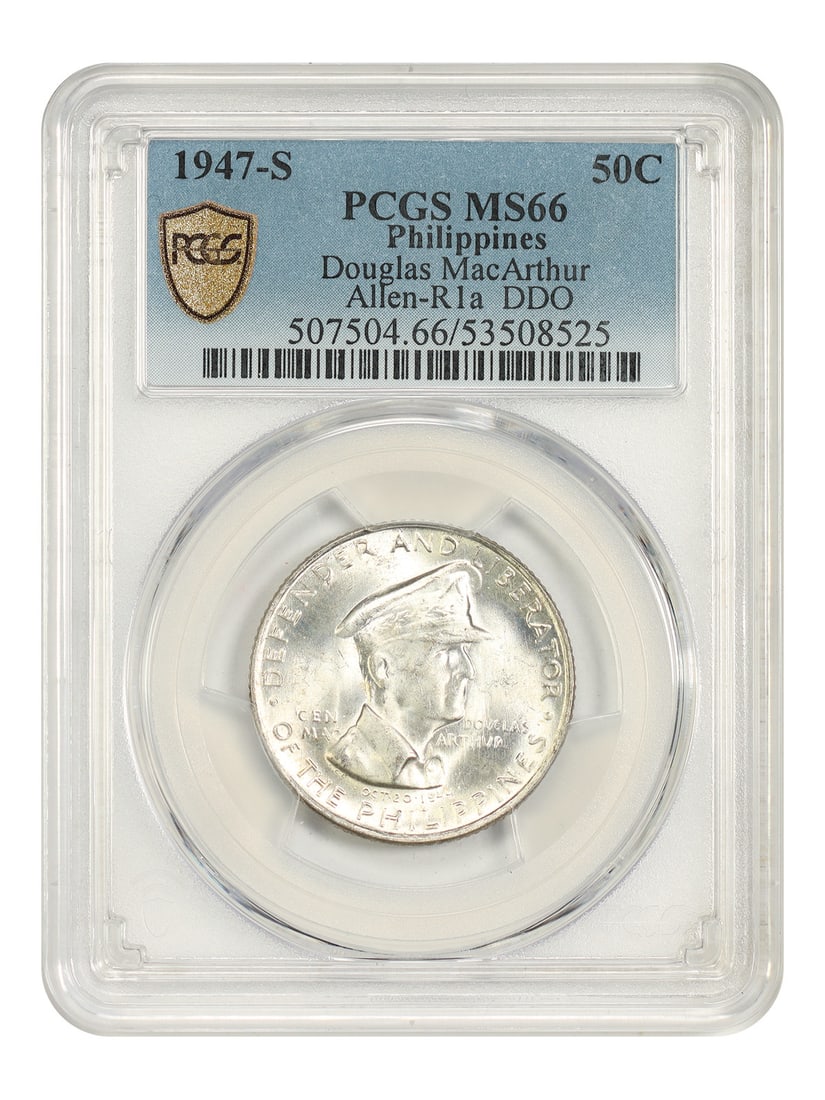 Philippines: 1947-S 50C PCGS MS66 (DDO, Douglas MacArthur, Allen-R1a): Philippines: 1947-S 50C PCGS MS66 (DDO, Douglas MacArthur, Allen-R1a) The 1947-S 50C PCGS MS66 coin bears the signature of Douglas MacArthur, a notable feature among collectors. Certified by PCGS as a