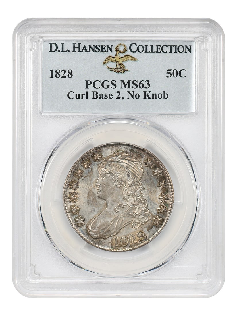 1828 50C PCGS MS63 (Curl Base 2, No Knob) ex: D.L. Hansen: 1828 50C PCGS MS63 (Curl Base 2, No Knob) ex: D.L. Hansen The 1828 50C PCGS MS63 features a Curl Base 2, No Knob design, showcasing the intricate details of early American coinage. Certified by PCGS a