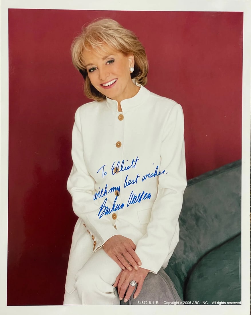 Barbara Walters Autographed 8x10 Celebrity Photo: Barbara Walters Autographed 8x10 Celebrity Photo Barbara Walters' 8x10 celebrity photo bears her signature in blue sharpie across the front, accompanied by a heartfelt inscription to Elliott. The phot