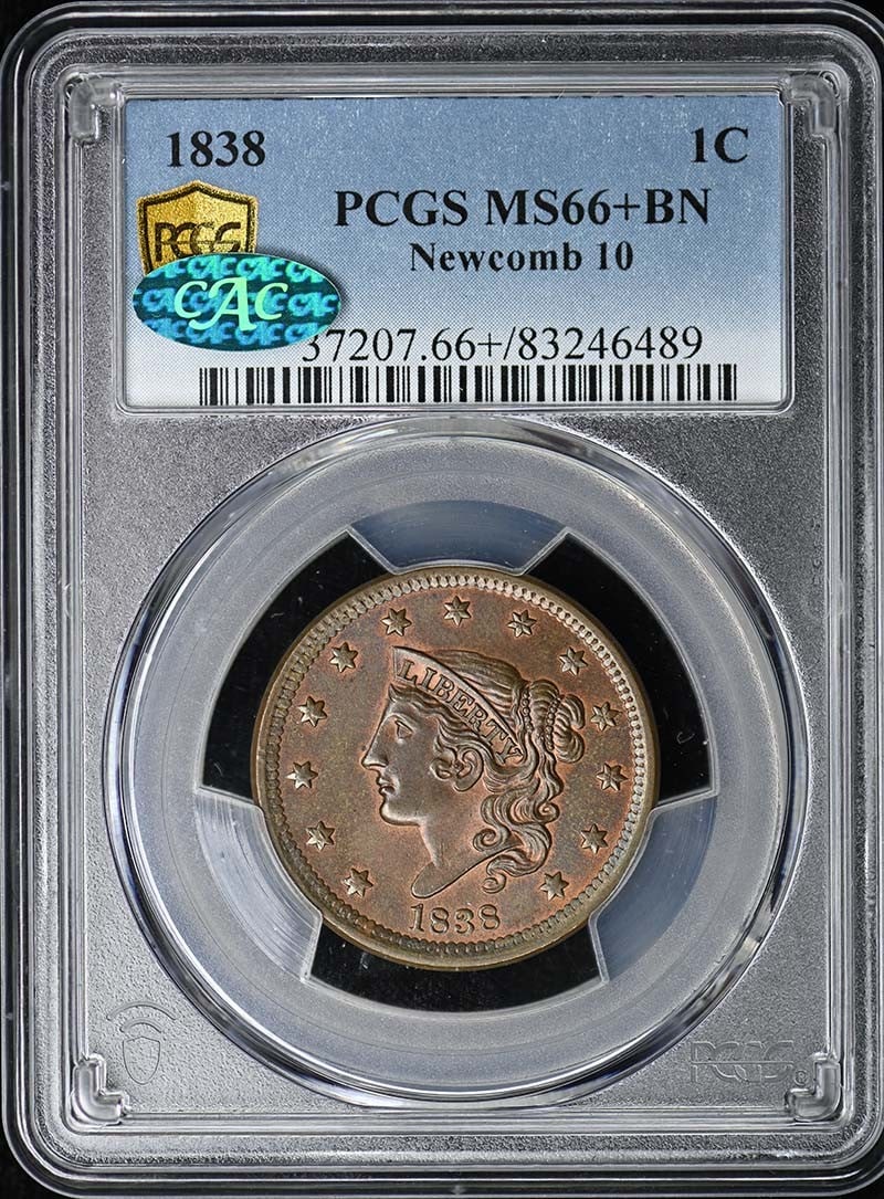 PCGS MS66+BN Coronet Head Cent Newcomb 1838 CAC: PCGS MS66+BN Coronet Head Cent Newcomb 1838 CAC The PCGS MS66+BN Coronet Head Cent Newcomb 1838 is an uncirculated coin with a high grade, boasting exceptional condition and detail. Certified by the p