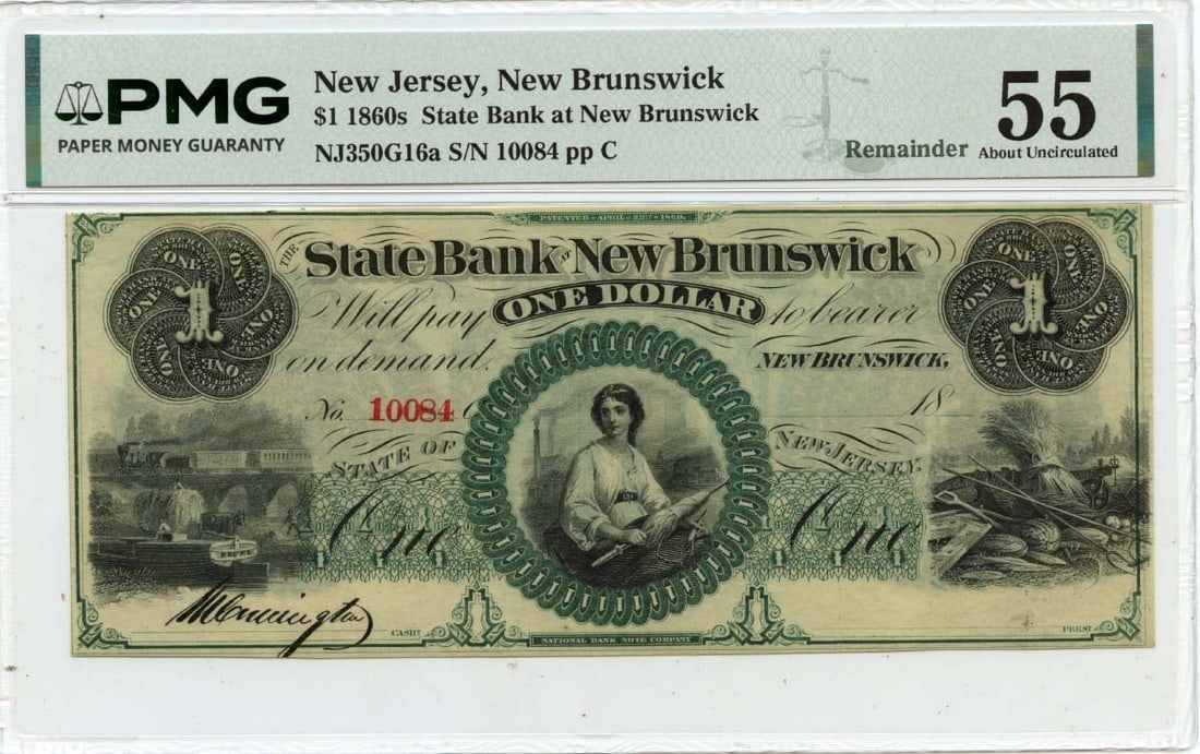 1860s $1 New Brunswick, New Jersey Obsolete Note State Bank PMG AU55: 1860s $1 New Brunswick, New Jersey Obsolete Note State Bank PMG AU55 A circulated $1 note from the 1860s, bearing the signature of New Brunswick State Bank. Printed in New Jersey, this obsolete note f