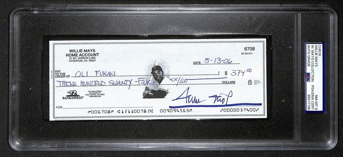 Willie Mays HOF Signed/ Auto 2006 Bank Check PSA/ DNA NM-MT 8 209071: Willie Mays HOF Signed/ Auto 2006 Bank Check PSA/ DNA NM-MT 8 209071 Signed by Willie Mays, one of baseball's all-time greats, this 2006 bank check boasts the legendary outfielder's autograph. Bearing