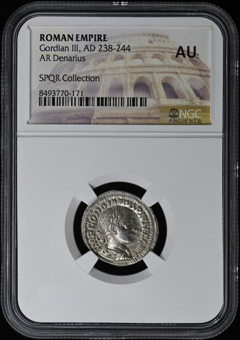 Gordian III AD 238-244 Roman Empire AR Denarius NGC AU50: Gordian III AD 238-244 Roman Empire AR Denarius NGC AU50 NGC AU50 graded Roman Empire AR Denarius from AD 238-244, bearing the mark of the renowned Numismatic Guaranty Corporation. This ancient coin s