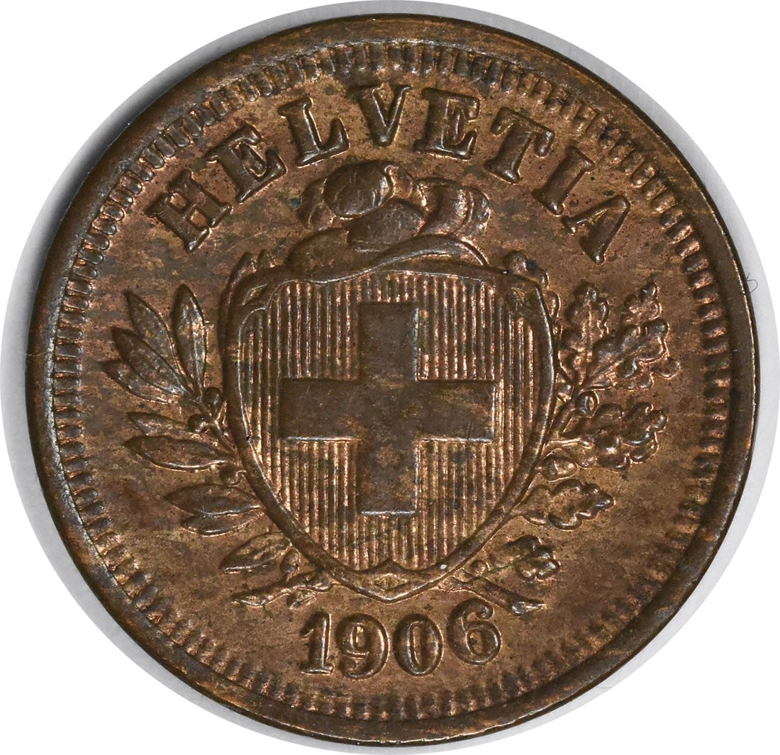 Switzerland 1 Rappen KM3.2 1906 BU: Switzerland 1 Rappen KM3.2 1906 BU Switzerland's smallest denomination, the 1 Rappen coin from 1906, boasts a KM3.2 grade indicating its high level of preservation. This uncirculated specimen offers a