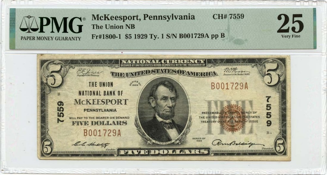 1929 Ty.1 $5 Union Natl' Bank McKeesport PA CH# 7559 PMG VF25: 1929 Ty.1 $5 Union Natl' Bank McKeesport PA CH# 7559 PMG VF25 The 1929 Ty.1 $5 Union Natl' Bank McKeesport PA features a high-grade VF25 grade, making it a notable addition to any collection. Certifie