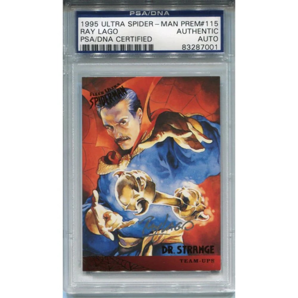 Ray Lago Autographed Dr. Strange Ultra Card 1995: Ray Lago Autographed Dr. Strange Ultra Card 1995 Signed in silver marker, this 1995 Ultra Card features the likeness of Dr. Strange, as portrayed by actor Ray Lago. The card showcases a unique autogra