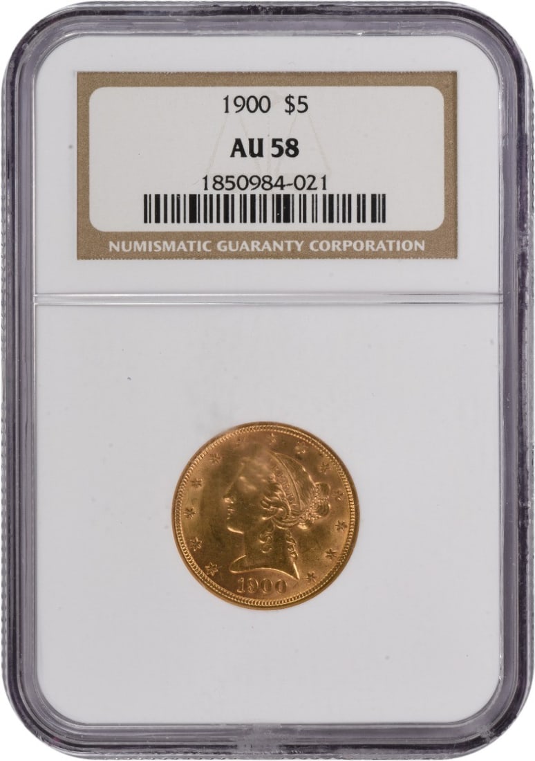 1900 $5 Gold Liberty Head AU58 NGC: 1900 $5 Gold Liberty Head AU58 NGC The 1900 $5 Gold Liberty Head coin features an AU58 grade from the Numismatic Guaranty Corporation, indicating its high level of condition. This circulated coin bear