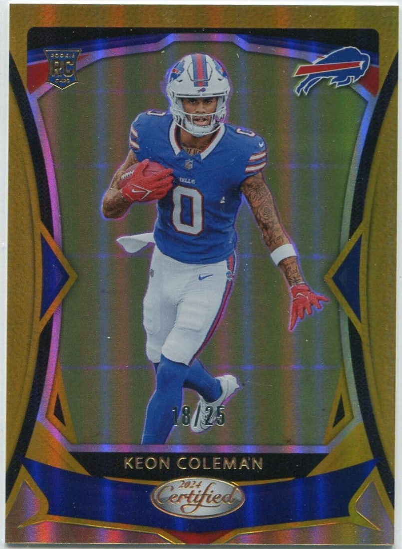 Coleman Keon 2024 Certified Gold Parallel RC #124 18/ 25 Panini: Coleman Keon 2024 Certified Gold Parallel RC #124 18/ 25 Panini Keon Coleman 2024 Panini Certified Gold Parallel RC #124 18/25 - A highly sought-after collectible, this card features a rare Gold Paral