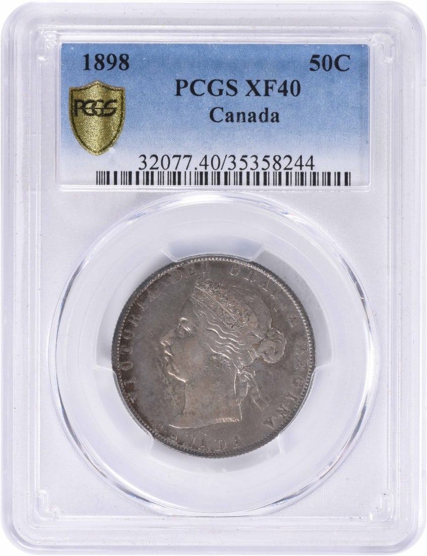 1898 Canada 50 Cents KM6 EF40 PCGS: 1898 Canada 50 Cents KM6 EF40 PCGS The 1898 Canada 50 Cents KM6 EF40 PCGS coin features a circulated condition and bears the certification of the Professional Coin Grading Service (PCGS). This coin wa