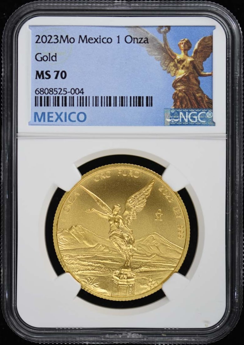 2023Mo Mexico Gold 1 Onza NGC MS70: 2023Mo Mexico Gold 1 Onza NGC MS70 The 2023 Mexico Gold 1 Onza NGC MS70 is an uncirculated coin featuring the country's rich history and cultural heritage. Graded MS70 by the Numismatic Guaranty Corpo