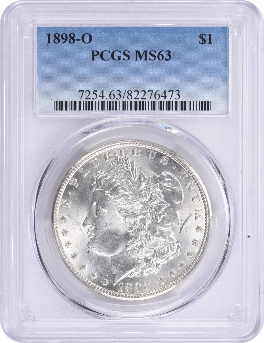 1898-O Morgan Silver Dollar MS63 PCGS: 1898-O Morgan Silver Dollar MS63 PCGS The 1898-O Morgan Silver Dollar MS63 PCGS boasts exceptional condition, with its high grade reflecting years of careful preservation. Certified by the prestigious
