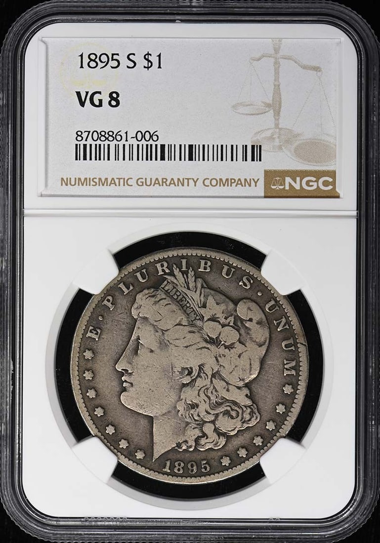 1895-S Morgan Dollar S$1 NGC VG8: 1895-S Morgan Dollar S$1 NGC VG8 The 1895-S Morgan Dollar S$1 NGC VG8 is a circulated example from the San Francisco Mint, bearing the distinctive design of Augustus Saint-Gaudens. This coin features 