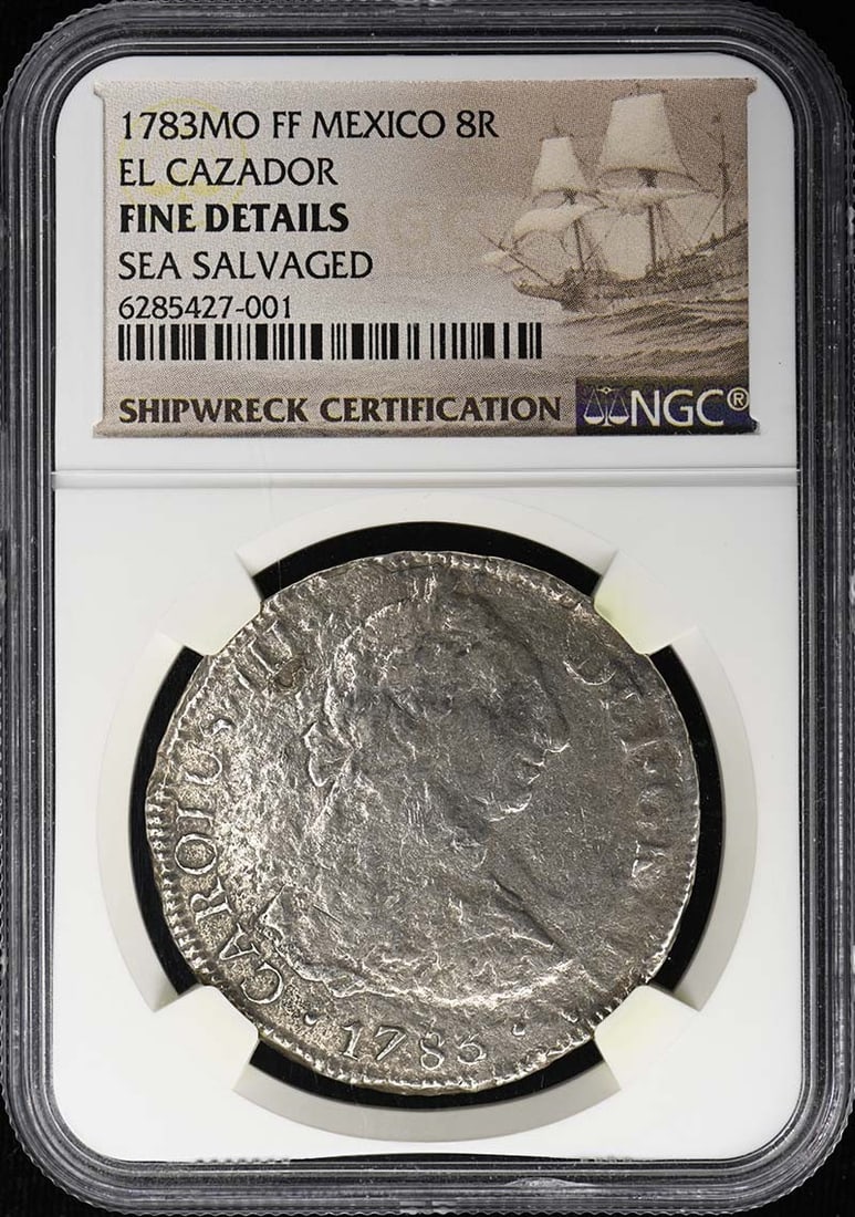 1783MO FF MEXICO EL CAZADOR 8R NGC F Details: 1783MO FF MEXICO EL CAZADOR 8R NGC F Details This 1783 Mexico El Cazador 8R coin features an NGC F grade, indicating it is in good condition. The coin bears a signature and is certified by the Numisma