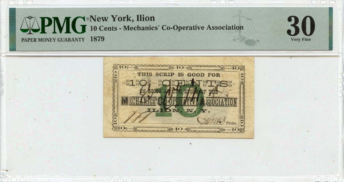 Mechanics Co-Op PMG 10 Cents Illion 1879 New York Script Note: Mechanics Co-Op PMG 10 Cents Illion 1879 New York Script Note The Mechanics Co-Op PMG 10 Cents Illion 1879 New York Script Note features a unique design with the signature of its artist, bearing a not