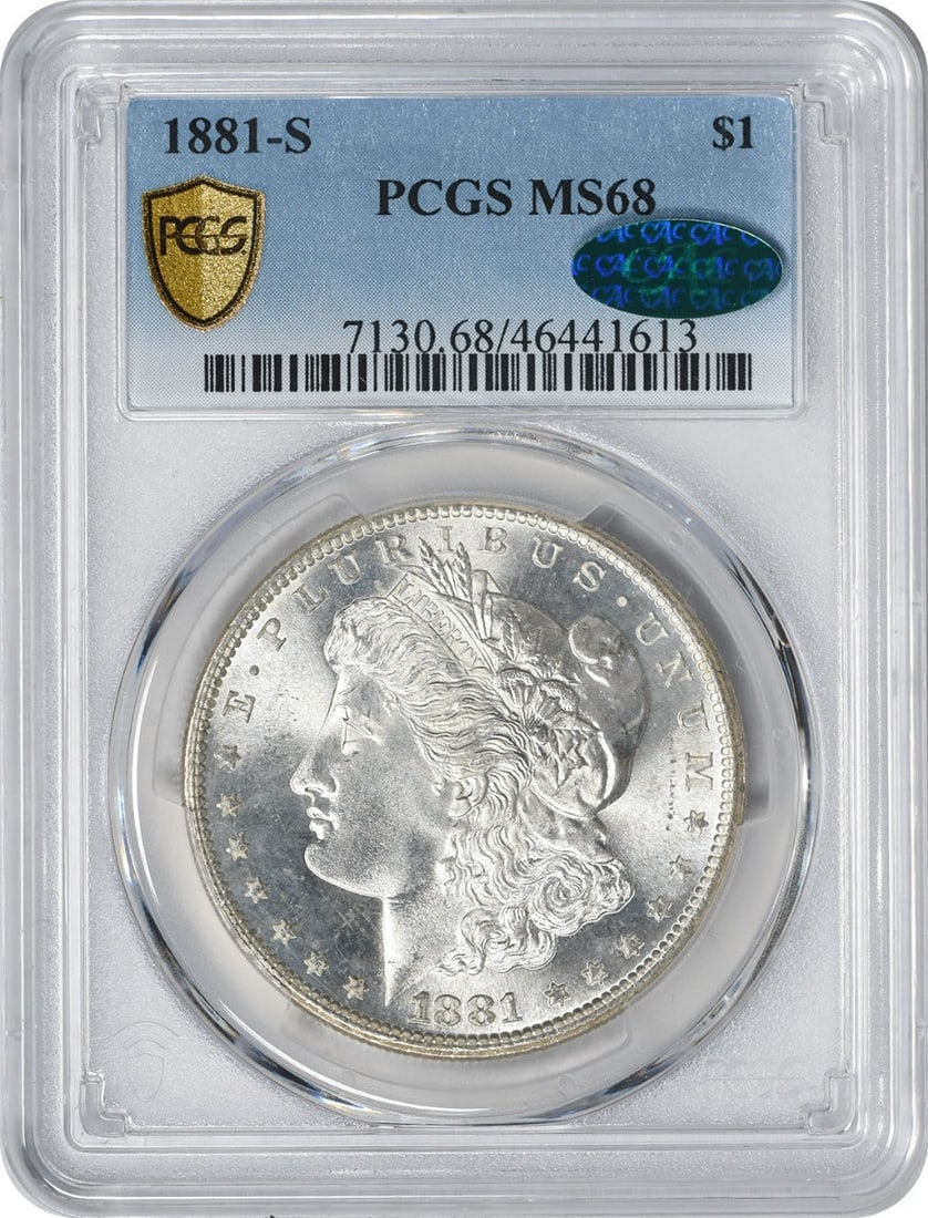 1881-S Morgan Silver Dollar MS68 PCGS (CAC): 1881-S Morgan Silver Dollar MS68 PCGS (CAC) The 1881-S Morgan Silver Dollar MS68 PCGS is a highly graded, uncirculated coin featuring the iconic design of George T. Morgan. With its striking reeded ed
