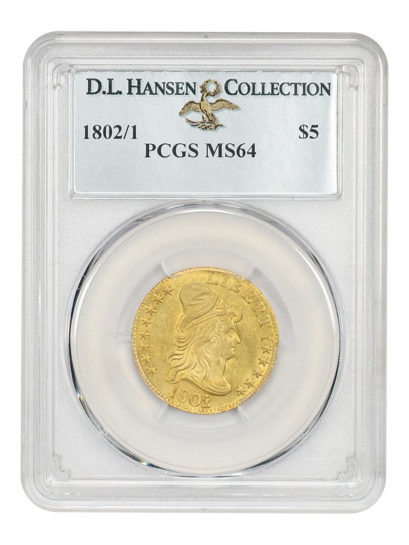 Draped Bust $5 - PCGS MS64 ex: D.L. Hansen 1802: Draped Bust $5 - PCGS MS64 ex: D.L. Hansen 1802 The Draped Bust $5, dated 1802 and certified MS64 by PCGS, boasts an exceptional level of detail in its design. This uncirculated coin features a striki