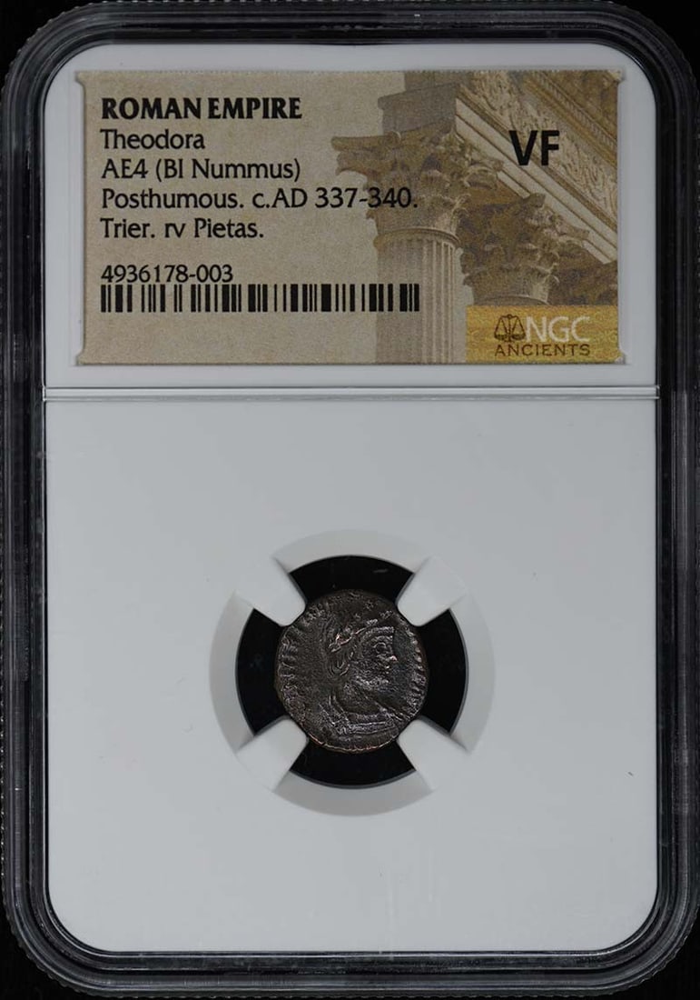 Theodora ROMAN EMPIRE AE4 (BI Nummus) NGC VF: Theodora ROMAN EMPIRE AE4 (BI Nummus) NGC VF NGC VF AE4 (BI Nummus) Theodora Roman Empire Coin. Certified by the Numismatic Guaranty Corporation, this coin bears a high level of detail and preservatio
