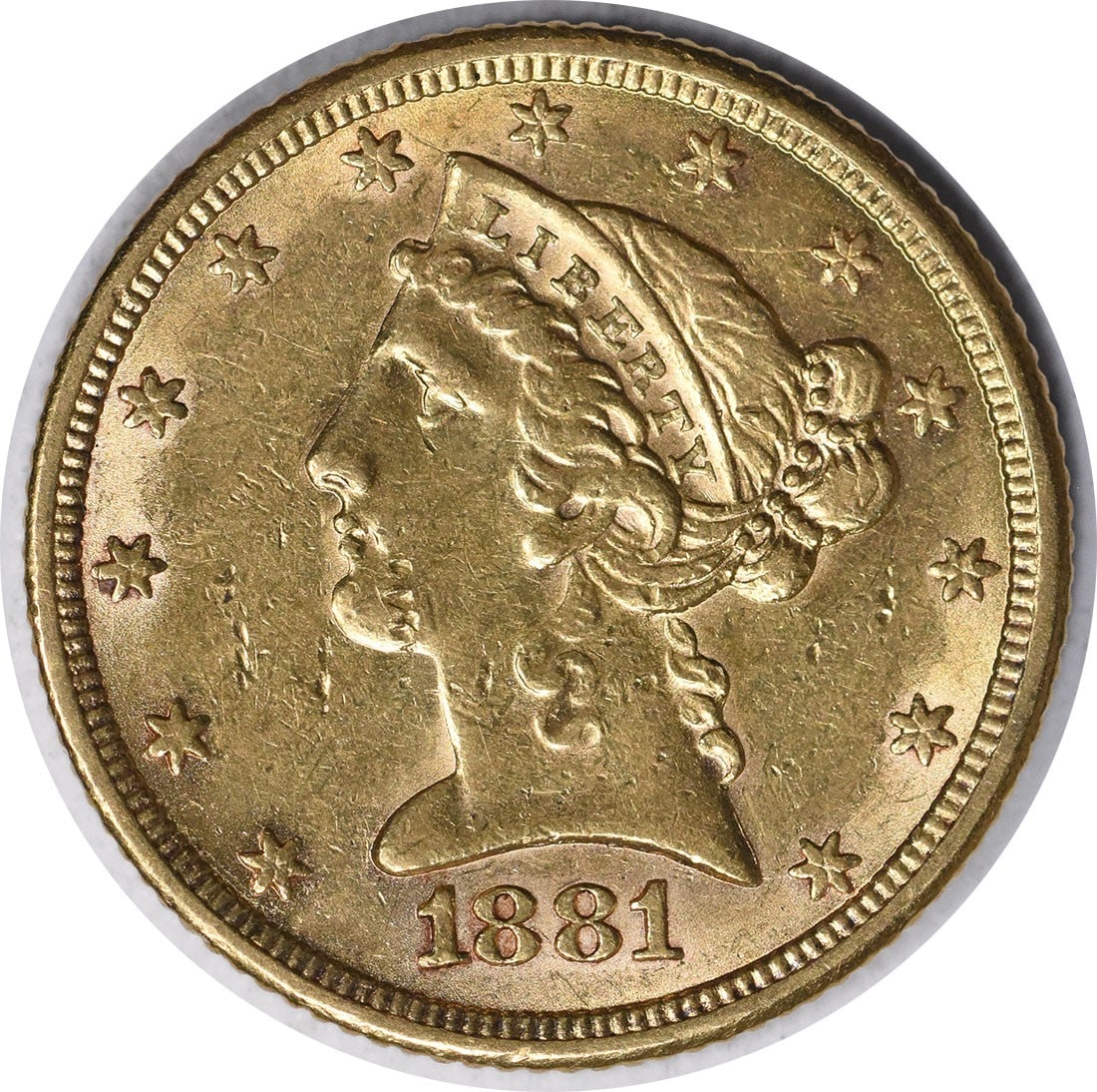 1881 $5 Gold Liberty Head AU Slider Uncertified: 1881 $5 Gold Liberty Head AU Slider Uncertified This 1881 $5 Gold Liberty Head AU Slider Uncertified coin features an AU grade, indicating its high level of quality and detail. With no mint mark prese