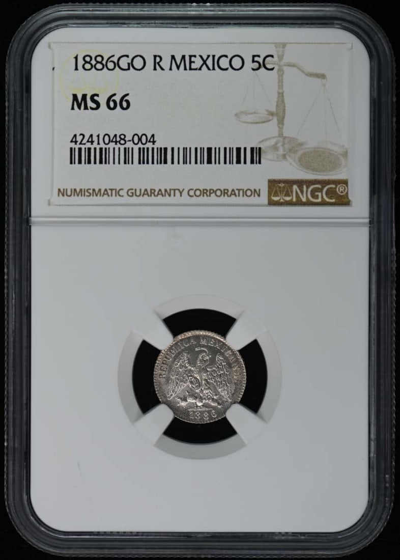1886GO R MEXICO 5C NGC MS66: 1886GO R MEXICO 5C NGC MS66 1886 Mexican 5 Centavo coin in MS66 condition, certified by the NGC. This uncirculated coin features a rich history and a high level of detail, with its well-preserved desi