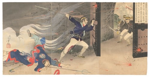 Mizuno Toshikata woodblock print 1894 Sino Japanese war Harada Jukichi triptych: Mizuno Toshikata woodblock print 1894 Sino Japanese war Harada Jukichi triptych Item Specifics: Artist: Toshikata Mizuno Subject: Sino-Japanese War Battle of Pyongyang Material: Washi Paper Style: Jap