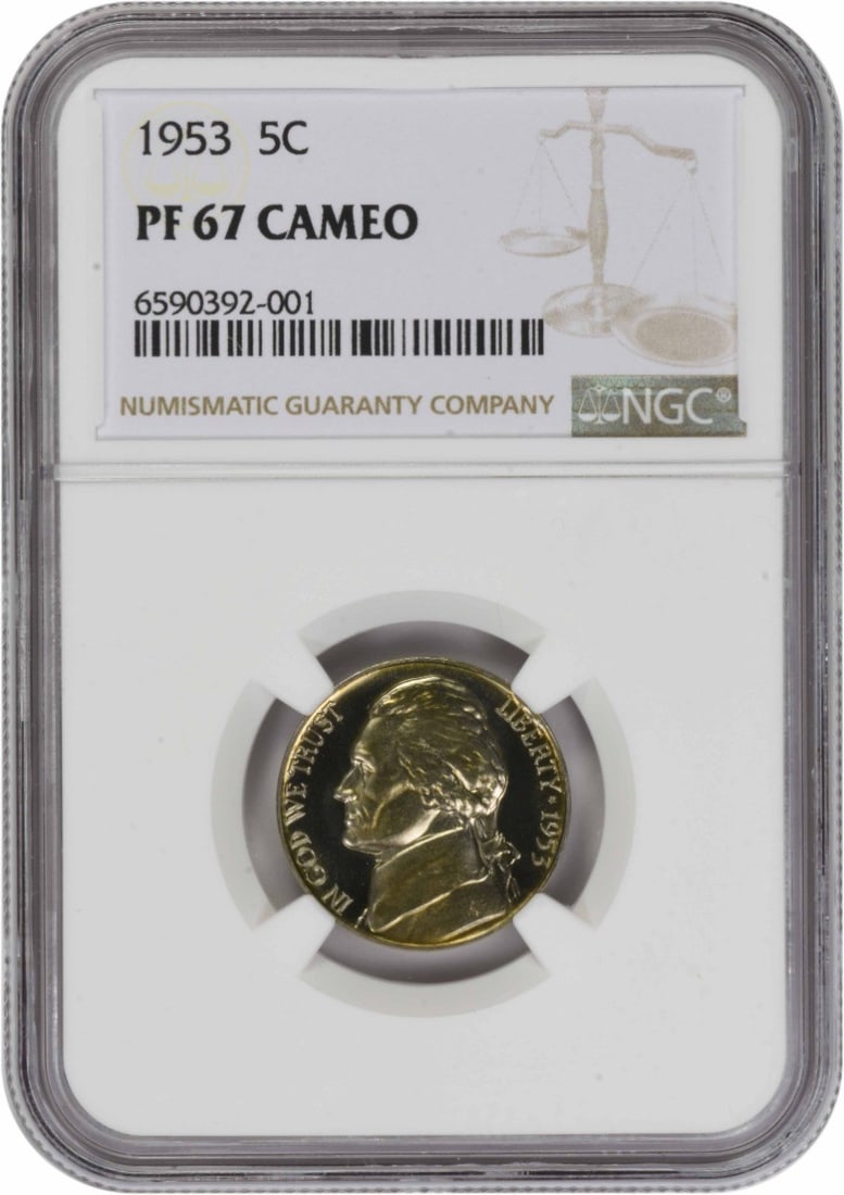 1953 Jefferson Nickel PR67CAM NGC: 1953 Jefferson Nickel PR67CAM NGC PR67CAM NGC certification sets the standard for exceptional condition, with this 1953 Jefferson Nickel boasting a high level of detail and minimal wear. The coin's st