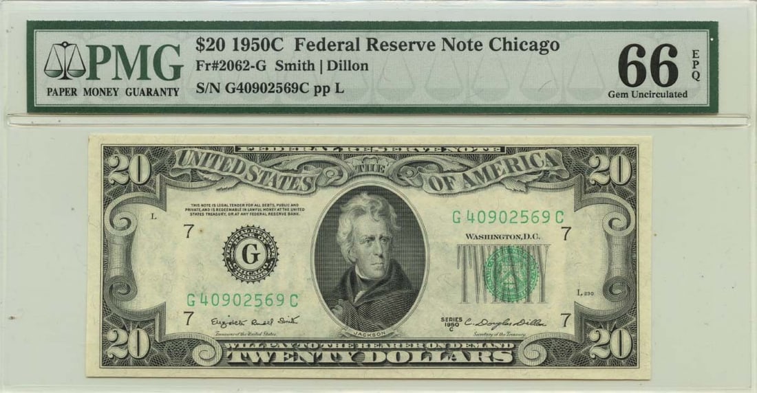 1950C $20 Federal Reserve Note Chicago Fr# 2062-G PMG Gem66 EPQ: 1950C $20 Federal Reserve Note Chicago Fr# 2062-G PMG Gem66 EPQ The 1950C $20 Federal Reserve Note Chicago Fr# 2062-G PMG Gem66 EPQ boasts exceptional condition, with a stunning MS66 grade and certifi
