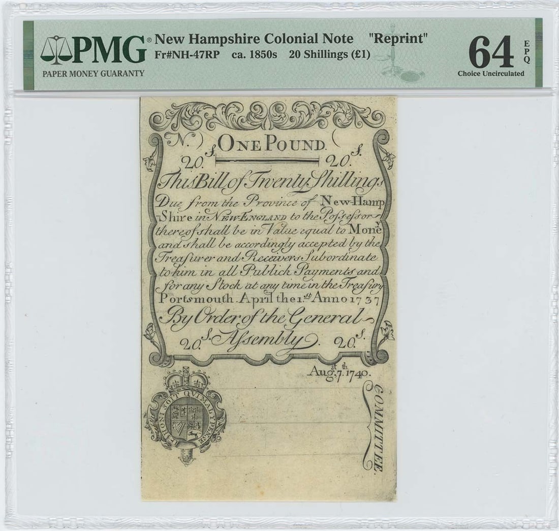 1737/ 40 April 1, 20s New Hampshire Colonial FR#NH-47RP PMG CU64 EPQ Cohen: 1737/ 40 April 1, 20s New Hampshire Colonial FR#NH-47RP PMG CU64 EPQ Cohen The 1737/40 April 1, 20s New Hampshire Colonial features a unique blend of historical significance and numismatic charm. This