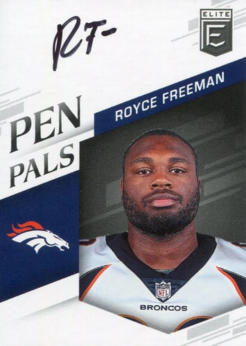 Royce Freeman Autographed 2018 Panini Elite Rookie Card: Royce Freeman Autographed 2018 Panini Elite Rookie Card Royce Freeman's 2018 Panini Elite Rookie Card boasts an authentic autograph in black sharpie, bearing his signature across the front. This card 