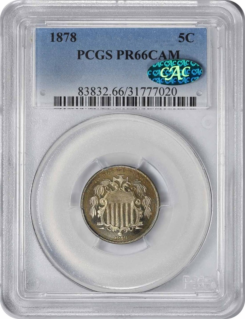 PR66CAM PCGS Shield 1878 Nickel: PR66CAM PCGS Shield 1878 Nickel PR66CAM PCGS Shield 1878 Nickel - A Rare and Highly Detailed Proof Coin. This stunning example features a PR66 grade, showcasing exceptional strike quality and rich det
