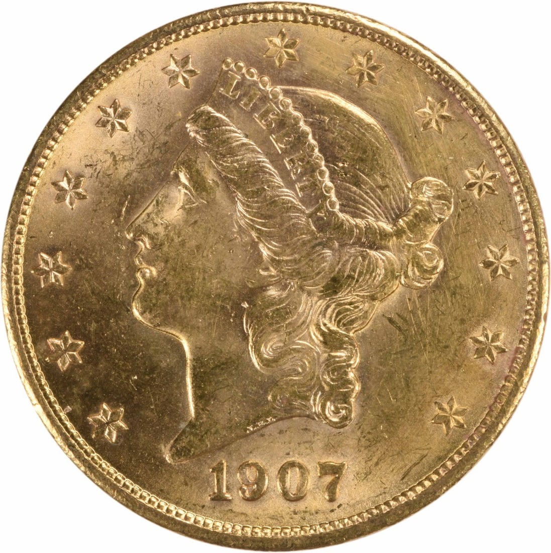 $20 Gold Liberty Head MS63 Uncertified 1907: $20 Gold Liberty Head MS63 Uncertified 1907 The $20 Gold Liberty Head MS63 Uncertified 1907 features a striking gold composition and a classic design, with its distinctive head portrait and wreathed e