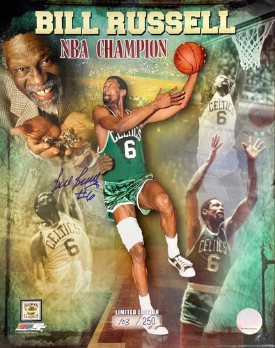 Bill Russell Autographed 11x14 Basketball Photo: Bill Russell Autographed 11x14 Basketball Photo Bill Russell's iconic signature shines bright across the front of this 11x14 basketball photo, capturing his legendary presence on the court. The Boston