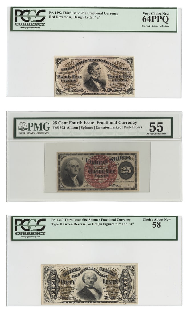 Lot of 25C-50C Fractional Currency PCGS/ PMG AU55-Very Choice UNC64 EPQ (3 Notes): Lot of 25C-50C Fractional Currency PCGS/ PMG AU55-Very Choice UNC64 EPQ (3 Notes) 25C-50C Fractional Currency PCGS/PMG AU55-Very Choice UNC64 EPQ (3 Notes) - A rare and highly detailed collection of c