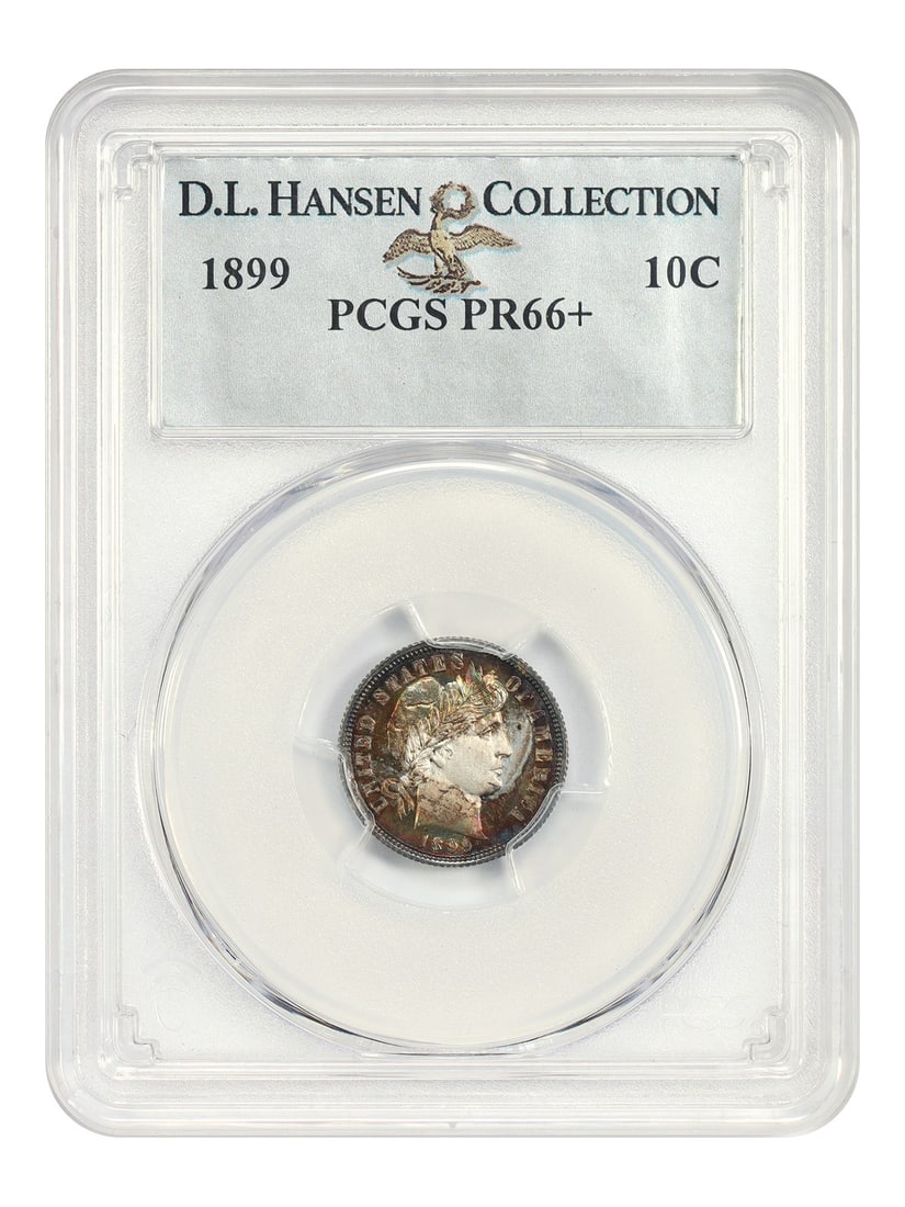 PCGS PR66+ Barber Dime ex D.L. Hansen 1899 10C: PCGS PR66+ Barber Dime ex D.L. Hansen 1899 10C The PCGS PR66+ Barber Dime ex D.L. Hansen 1899 10C is an uncirculated coin with a high grade, certified by the Professional Coin Grading Service (PCGS) a