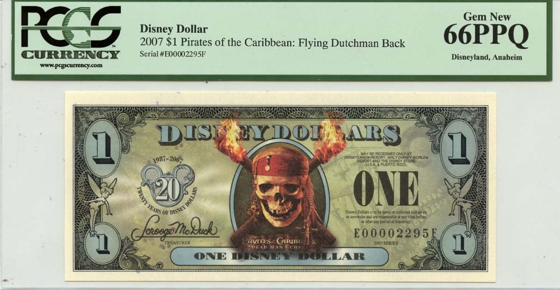Dollar PCGS GEM 66 PPQ 2007 Flying Dutchman Pirates Caribbean Disney: Dollar PCGS GEM 66 PPQ 2007 Flying Dutchman Pirates Caribbean Disney MS66 graded by PCGS, the 2007 Flying Dutchman Pirates Caribbean Disney features a stunning design. This rare coin boasts a Gem cond