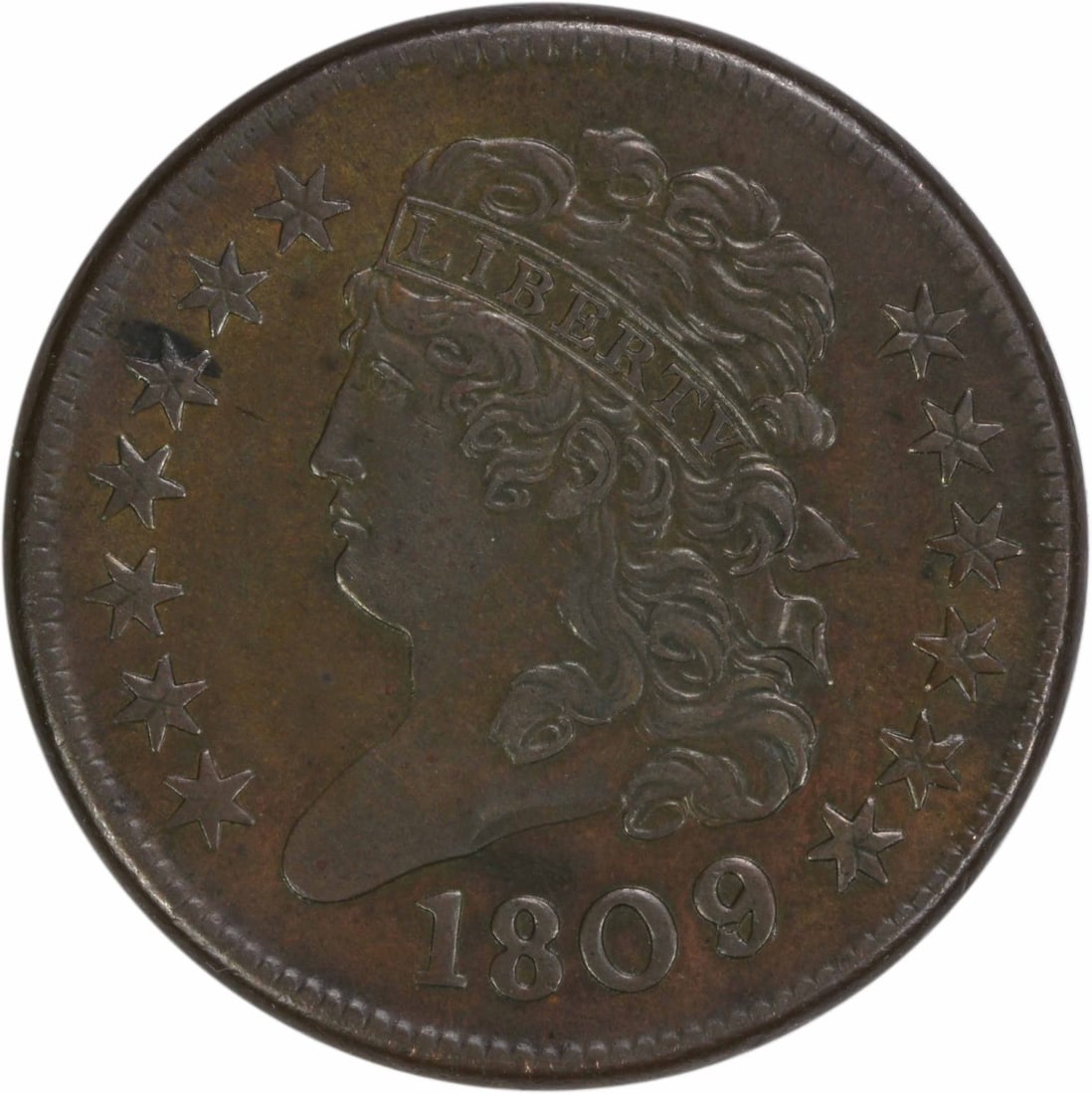 1809/ 6 Half Cent AU Uncertified: 1809/ 6 Half Cent AU Uncertified The 1809/6 Half Cent features a classic design with John Reich's signature, showcasing the plain edge characteristic of this copper coin. Weighing in at 5.44 grams and
