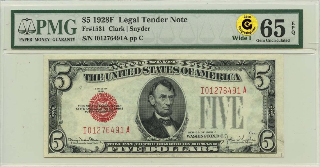 1928F $5 Legal Tender Note FR#1531 Wide I PMG GEM 65 EPQ GCC Gold: 1928F $5 Legal Tender Note FR#1531 Wide I PMG GEM 65 EPQ GCC Gold The 1928F $5 Legal Tender Note features a wide, I PMG GEM 65 EPQ GCC Gold certification, indicating exceptional condition and rarity. 
