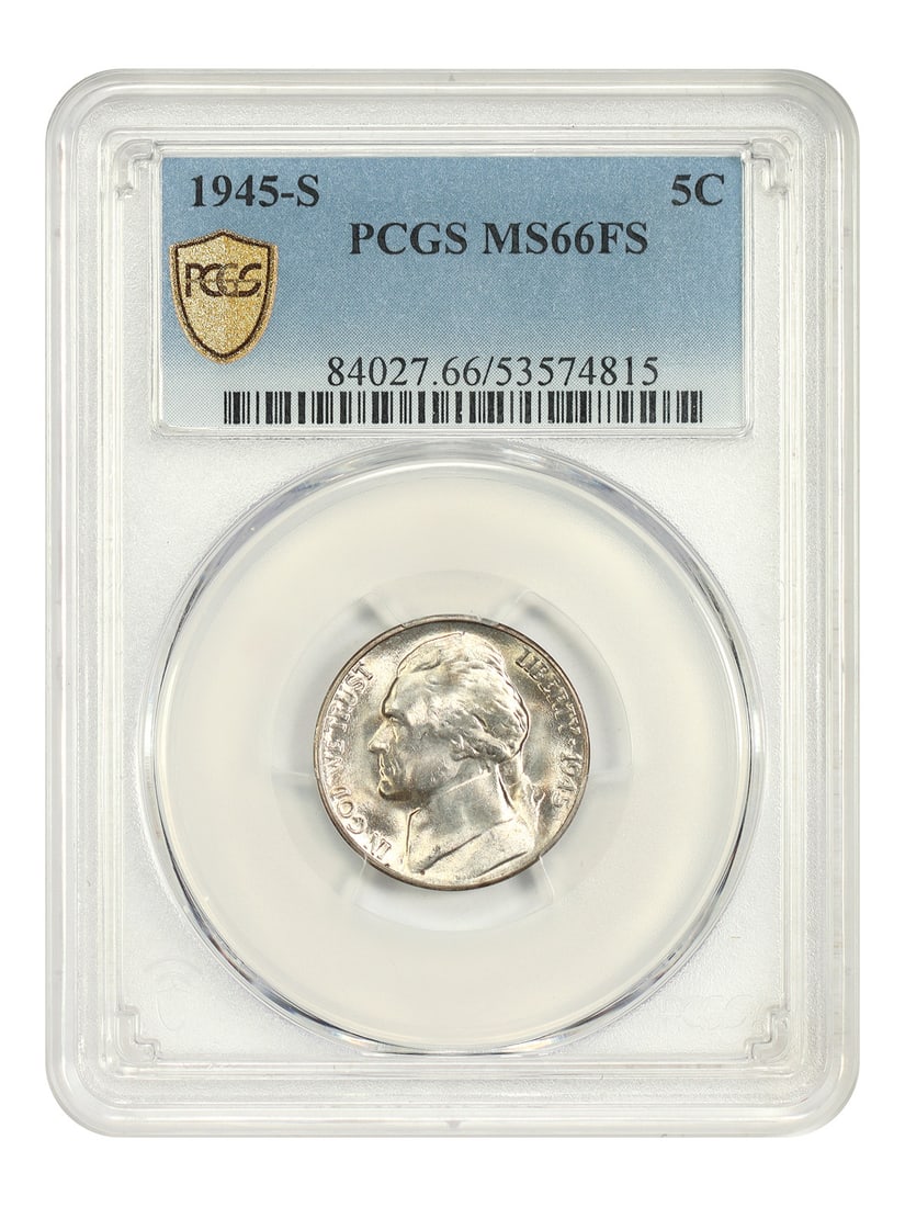 1945-S 5C PCGS MS66FS - Jefferson Nickel: 1945-S 5C PCGS MS66FS - Jefferson Nickel The 1945-S Jefferson Nickel, graded MS66FS by PCGS, showcases exceptional mint state condition with subtle nuances in its frosted and proof-like surfaces. This