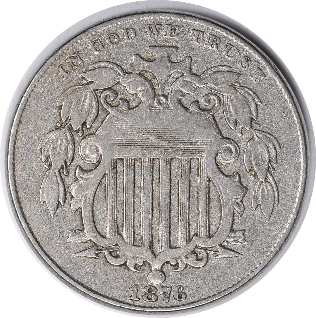 Shield nickel DDO 1876 VF Uncertified: Shield nickel DDO 1876 VF Uncertified Shield nickel, minted in Philadelphia in 1876, boasts a unique design by James Barton Longacre. This circulated coin features a plain edge and weighs 5.00 grams, 