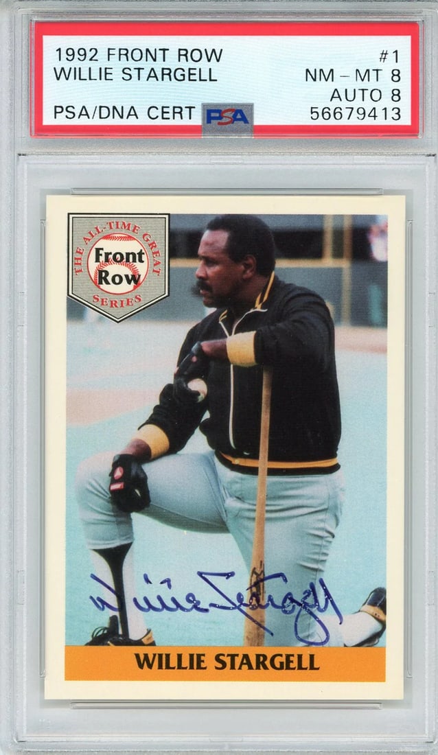 Stargell Willie Autographed Card Front 1992 8/ 8 PSA: Stargell Willie Autographed Card Front 1992 8/ 8 PSA PSA-graded and slabbed Willie Stargell autographed card from the 1992 Front Row set, boasting an impressive NM-MT 8 card grade and a high-grade 8 a