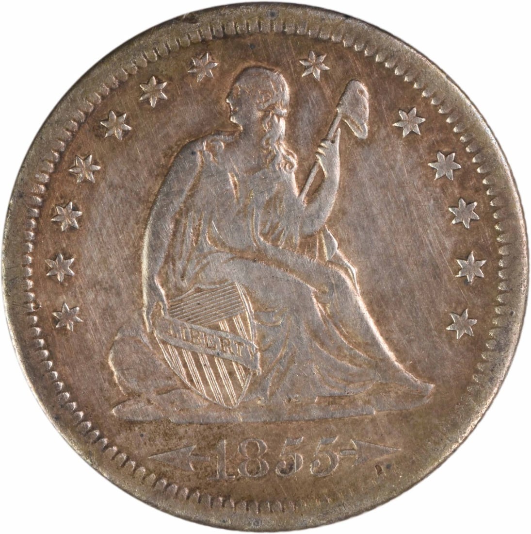 1855-S Liberty Seated Silver Quarter Arrows EF Uncertified: 1855-S Liberty Seated Silver Quarter Arrows EF Uncertified EF Uncertified 1855-S Liberty Seated Silver Quarter Arrows features an exceptionally preserved circulated condition, showcasing the intricate