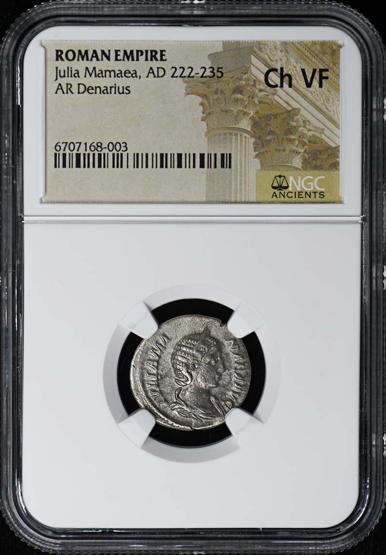 Julia Mamaea, AD 222-235 ROMAN EMPIRE AR Denarius NGC VF30: Julia Mamaea, AD 222-235 ROMAN EMPIRE AR Denarius NGC VF30 NGC VF30 graded Julia Mamaea, AD 222-235 Roman Empire AR Denarius, bearing certification number 6707168003. This ancient coin features the li