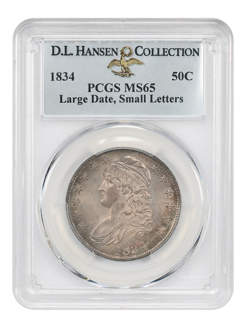 1834 50C PCGS MS65 (Large Date, Small Letters) ex: D.L. Hansen: 1834 50C PCGS MS65 (Large Date, Small Letters) ex: D.L. Hansen The 1834 50C PCGS MS65 (Large Date, Small Letters) is a highly graded uncirculated coin with a notable Large Date and Small Letters desig