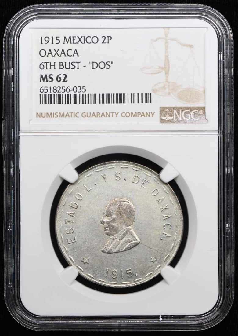 1915 MEXICO OAXACA 6TH BUST "DOS" GB-367v 2P NGC MS62: 1915 MEXICO OAXACA 6TH BUST "DOS" GB-367v 2P NGC MS62 1915 Mexico Oaxaca 6th Bust "Dos" coin, graded MS62 by NGC, showcases its exceptional condition with a high level of detail and luster. The circul