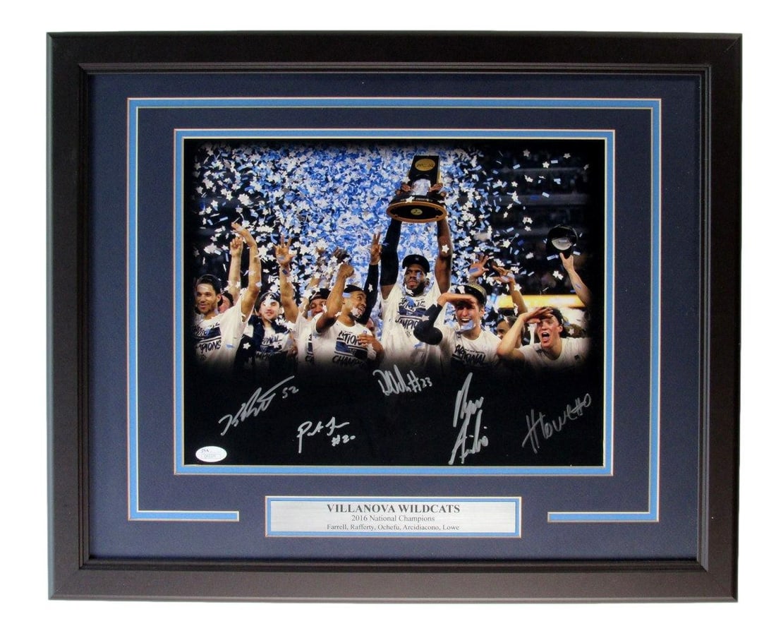 2016 Villanova National Champs 11x14 Photo Signed by 5 Framed JSA 203405: 2016 Villanova National Champs 11x14 Photo Signed by 5 Framed JSA 203405 Signed by five Villanova Wildcats, this 11x14 photo commemorates the team's 2016 NCAA National Championship win. The photo bear
