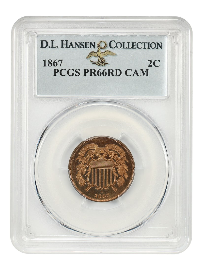 PCGS PR66RD CAM 1867 2C ex D.L. Hansen: PCGS PR66RD CAM 1867 2C ex D.L. Hansen PCGS PR66RD CAM 1867 2C ex D.L. Hansen - A highly graded and well-preserved example of the 1867 2-cent coin, certified by PCGS as PR66RD CAM, with a notable came