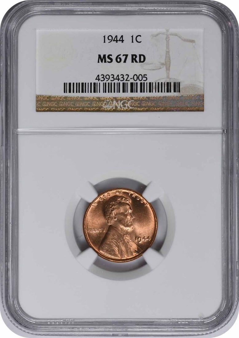 1944-P Lincoln Cent MS67RD NGC: 1944-P Lincoln Cent MS67RD NGC The 1944-P Lincoln Cent MS67RD NGC showcases exceptional detail and preservation, with its 95% copper and 5% zinc composition giving it a rich patina. Certified by the N